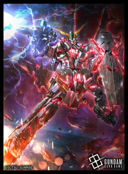absurdres beam_rifle commentary_request company_name copyright_logo copyright_notice debris earth_(planet) electricity embers energy_gun firing full_body glowing glowing_eyes green_eyes gun gundam gundam_card_game gundam_unicorn highres holding holding_gun holding_weapon logo mecha mecha_focus mobile_suit no_humans nt-d official_art outstretched_arm planet raruru robot science_fiction shield solo space sunrise_(company) unicorn_gundam v-fin weapon