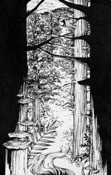 Rule 34 | epona, fern, forest, grass, greyscale, horse, horseback riding, kandori makoto, looking back, monochrome, mushroom, nature, nintendo, pov, riding, silhouette, skull kid, the legend of zelda, the legend of zelda: majora's mask, traditional media, tree