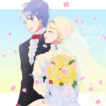 1boy 1girl blonde_hair blue_eyes blue_hair blush bouquet bridal_veil couple dress erina_pendleton falling_petals flower formal_clothes happy highres husband_and_wife jojo_no_kimyou_na_bouken jonathan_joestar petals phantom_blood smile suit veil wedding_dress