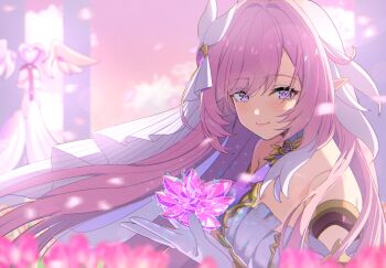 1girl bare_shoulders breasts closed_mouth commentary_request diamond-shaped_pupils diamond_(shape) elysia_(herrscher_of_human:_ego)_(honkai_impact) elysia_(honkai_impact) from_side gloves hair_ornament hand_up highres honkai_(series) honkai_impact_3rd kuwahara_taiki long_hair looking_at_viewer looking_to_the_side medium_breasts pink_hair pink_sky pointy_ears purple_eyes sidelocks sky smile solo symbol-shaped_pupils veil white_gloves white_veil