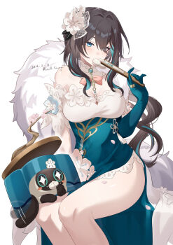 Rule 34 | 1girl, animal hands, aqua eyes, bow, branch, breasts, brown hair, cake cat (honkai: star rail), cat, cat paws, cat tail, cleavage, colorpoint (pattern), commentary request, dress, floral print, flower, folded fan, folding fan, food, fur trim, gem, gloves, hand fan, highres, honkai: star rail, honkai (series), light blush, long hair, lucio (luci0 52), multicolored hair, off shoulder, official alternate costume, pastry, peach blossom pastry, ruan mei (honkai: star rail), ruan mei (lambda's friend) (honkai: star rail), ruan mei (plumblossom letter) (honkai: star rail), siamese cat, sitting, sparkling eyes, streaked hair, tail, thighs, two-tone dress, very long hair, white background
