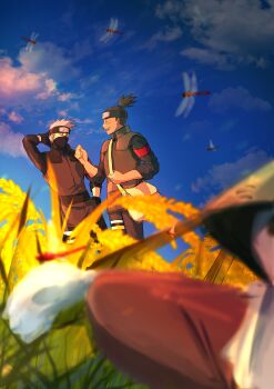 2boys absurdres arm_behind_head bag black_gloves black_hair black_mask black_shirt blurry blurry_foreground bug closed_eyes cloud cloudy_sky dragonfly gloves grass green_vest grey_hair hand_on_own_hip hatake_kakashi headband highres insect male_focus mask mouth_mask multiple_boys naruto_(series) open_mouth outdoors ponytail scar scar_on_face scar_on_nose scarecrow shirt shoulder_bag sky sleeves_rolled_up smile t04_skyhigh umino_iruka upper_body vest wheat
