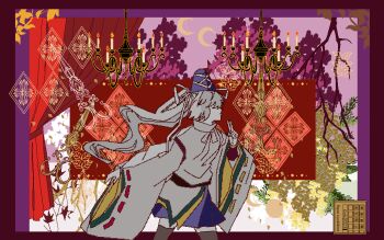 1girl absurdres artist_name atelier_tefu blue_hat blue_skirt border branch chandelier closed_mouth commentary cowboy_shot crescent_moon dated facing_away from_side full_moon grey_hair grey_thighhighs hat highres inset_border japanese_clothes kariginu leaf long_hair long_sleeves mononobe_no_futo moon pixel_art ponytail purple_border ribbon ribbon-trimmed_sleeves ribbon_trim shirt skirt solo tate_eboshi thighhighs touhou white_ribbon white_shirt wide_sleeves