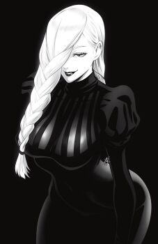 1girl absurdres black_background braid braided_bangs braided_ponytail breasts dress hair_over_face hair_over_one_eye highres jujutsu_kaisen large_breasts lips long_hair long_sleeves looking_at_viewer mei_mei_(jujutsu_kaisen) mostlybluewyatt one_eye_covered puffy_sleeves simple_background smile solo tight_clothes tight_dress turtleneck turtleneck_dress white_hair