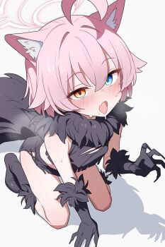 1girl absurdres ahoge animal_ears black_boots black_gloves blue_archive blue_eyes blush boots commentary cosplay gloves grey_background halo heterochromia highres hoshino_(blue_archive) hoshino_(first_year)_(blue_archive) kazusa_(blue_archive) kazusa_(blue_archive)_(cosplay) kazusa_(halloween)_(blue_archive) kemonomimi_mode looking_at_viewer open_mouth pink_hair saho_4545 shadow short_hair simple_background solo white_halo yellow_eyes