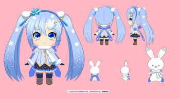 1girl absurdres black_thighhighs blue_eyes blue_hair blush boots brown_boots chibi chibi_only closed_mouth commentary_request company_name copyright_notice hairband hatsune_miku highres jacket long_hair multiple_views nekogoya pink_background purple_hairband purple_jacket purple_skirt rabbit_yukine reference_sheet skirt smile snowflakes thighhighs twintails very_long_hair vocaloid yuki_miku yuki_miku_(2025)_(applicant)