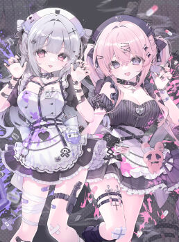 2girls @_@ absurdres bandaged_leg bandages bandaid bandaid_on_arm bandaid_on_knee bandaid_on_leg black_background black_dress black_nails blood blush breasts choker claws cleavage commentary_request dress feet_out_of_frame grey_hair heart heart-shaped_pupils highres holding holding_sword holding_weapon id_card jewelry konpe_itou large_breasts lock long_hair looking_at_viewer multiple_girls multiple_rings nail_polish nurse open_mouth original pill pink_blood pink_eyes pink_hair puffy_short_sleeves puffy_sleeves purple_blood purple_eyes ring self-harm_scar sheath short_sleeves simple_background sleeveless sleeveless_dress smile smoke standing standing_on_one_leg sword symbol-shaped_pupils syringe thigh_strap tooth twintails very_long_hair weapon yami_kawaii zoom_layer