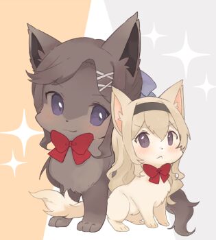 animal animal_focus animal_with_hair animalization black_hairband blonde_hair blush bow bowtie brown_cat brown_hair cat closed_mouth commentary_request frown hair_ornament hairband light_smile nako_(user_wnnm5534) no_humans purple_eyes red_bow red_bowtie saijo_claudine shoujo_kageki_revue_starlight size_difference tendo_maya x_hair_ornament