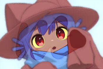 Rule 34 | 1other, animal ear headwear, blue scarf, colored sclera, commentary, condensation, dark skin, english commentary, fake animal ears, fang, hat, highres, looking at viewer, niko (oneshot), oneshot (game), open mouth, other focus, pungsun, purple hair, red eyes, red hat, scarf, signature, sleeves past fingers, sleeves past wrists, tareme, window fog, yellow sclera
