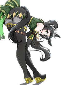 Rule 34 | 1girl, absurdres, abyss kpn (ki), animal ears, bent over, black boots, black gloves, black hair, black shorts, black suspenders, blush, boots, breasts, crown ornament, ear ornament, ear scrunchie, ear through crown, ears through headwear, elbow gloves, gloves, green eyes, green sweater, grey pantyhose, hair between eyes, highres, horse ears, horse girl, horse tail, long hair, looking at viewer, medium breasts, multicolored hair, open mouth, pantyhose, ribbed sweater, satono crown (emerald journey) (umamusume), satono crown (umamusume), shorts, side ponytail, simple background, sleeveless, sleeveless sweater, smile, solo, streaked hair, suspender shorts, suspenders, sweater, tail, thigh boots, umamusume, white hair