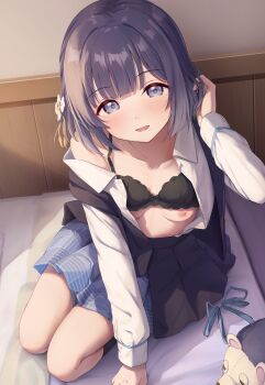 1girl absurdres black_bra blue_eyes blue_skirt blush bra bra_lift breasts clothes_lift collarbone commentary flower gakuen_idolmaster hair_flower hair_ornament hand_in_own_hair hataya_misuzu hatsuboshi_gakuen_school_uniform highres idolmaster long_sleeves looking_at_viewer mole mole_under_mouth nipples open_clothes open_mouth open_shirt pleated_skirt purple_hair school_uniform shirt short_hair sitting skirt small_breasts smile solo tassel tassel_hair_ornament toyasu_aina underwear unworn_ribbon white_shirt