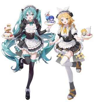 2girls absurdres apron aqua_bow aqua_bowtie aqua_eyes aqua_hair black_shoes black_skirt black_thighhighs blonde_hair boots bow bowtie collared_shirt cropped_jacket emduck food full_body garter_straps hatsune_miku highres jacket kagamine_len kagamine_rin kaito_(vocaloid) long_hair long_sleeves maid maid_apron maid_headdress multiple_girls neckerchief open_clothes open_jacket open_mouth shirt shoes short_hair short_sleeves simple_background skirt smile standing standing_on_one_leg teeth thighhighs twintails upper_teeth_only very_long_hair vocaloid white_apron white_background white_garter_straps white_skirt white_thighhighs white_wrist_cuffs wrist_cuffs yellow_neckerchief zettai_ryouiki