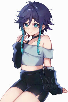 1boy absurdres aqua_hair black_hair black_shorts black_sleeves braid crop_top genshin_impact gradient_hair grey_shirt hair_between_eyes highres looking_at_viewer male_focus midriff momochiwood multicolored_hair shirt short_hair_with_long_locks shorts solo twin_braids venti_(genshin_impact) white_background