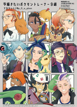 1girl 6+boys absurdres adaman_(pokemon) beldum black_bow black_bowtie black_hair black_hoodie black_jacket bow bowtie charizard closed_mouth collared_shirt commentary_request corbeau_(pokemon) drayton_(pokemon) flygon gen_1_pokemon gen_3_pokemon gen_4_pokemon gen_5_pokemon gen_6_pokemon giacomo_(pokemon) glasses gloves grin griselle_(pokemon) grisham_(pokemon) hair_between_eyes hat headband headphones highres hood hoodie jacket leafeon litleo loose_hair_strand multiple_boys naveen_(pokemon) necktie nintendo orange_headband p_0_a partially_fingerless_gloves pawniard pointy_hair pokemon pokemon_legends:_arceus pokemon_legends:_z-a pokemon_oras pokemon_sv pokemon_swsh purple_shirt raihan_(pokemon) round_eyewear scolipede scraggy shirt smile steven_stone teeth translation_request white_hat white_necktie white_shirt yellow_eyes