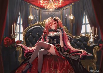 1girl :d alcohol black_choker black_dress black_gloves black_shoes black_thighhighs candlestand chandelier choker commentary_request couch crossed_legs cup dress drinking_glass flower gloves gradient_hair grin high_heels holding holding_cup hololive hololive_dev_is ichijou_ririka indoors long_hair looking_at_viewer multicolored_hair official_art on_couch open_mouth orange_eyes orange_hair pink_hair red_wine rose shoes sitting sleeveless sleeveless_dress smile solo swept_bangs thighhighs ttosom twintails two-sided_dress two-sided_fabric very_long_hair virtual_youtuber wine