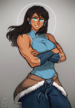 1girl avatar_legends biceps blue_eyes brown_hair covered_abs crossed_arms dark-skinned_female dark_skin facial_scar hair_down highres iahfy korra long_hair looking_at_viewer muscular muscular_female scar scar_on_cheek scar_on_face solo the_legend_of_korra