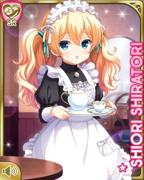 Rule 34 | 1girl, :o, aqua eyes, black dress, blonde hair, blue eyes, blush, cafe, card (medium), character name, cuffs, dress, female focus, girlfriend (kari), hair ribbon, indoors, maid, official art, open mouth, qp:flapper, ribbon, shiratori shiori, solo, standing, tagme, thighhighs, twintails, wavy hair, white thighhighs