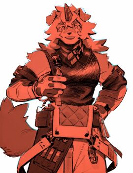 1boy animal_ears arknights bara commentary furry furry_male gloves highres horns hung_(arknights) kumedaira looking_at_viewer male_focus multicolored_hair mythological_creature open_mouth orange_theme shirt single_horn sleeveless sleeveless_shirt sleeveless_turtleneck tail turtleneck walkie-talkie white_background