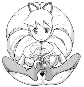 1girl anus bad_id bow censored drill_hair greyscale hair_bow heart heart_censor heriyama loli long_hair luna_platz_(mega_man) mega_man_(series) mega_man_star_force_(series) monochrome pantyhose pantyhose_around_legs pussy simple_background sitting sweat twin_drills very_long_hair white_background