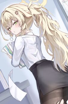 1girl :t absurdres anger_vein black_pantyhose black_skirt blank_speech_bubble blonde_hair blue_archive blush collared_shirt fluffy_hair from_behind green_eyes halo hamu_(hvmzld123) highres holding holding_paper long_hair long_sleeves looking_at_viewer looking_back pantyhose paper paper_stack pencil_skirt ponytail professor_niyaniya_(blue_archive) professor_niyaniya_(teacher)_(blue_archive) shirt skirt solo speech_bubble teacher torn_clothes torn_pantyhose v-shaped_eyebrows white_shirt yellow_halo