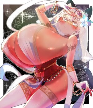 1girl animal_ears black_background black_panties blue_eyes blush border bracelet breasts brown_egyptian_cat-eared_loli_(trend) cat_ears cat_tail dark-skinned_female dark_skin female_focus fingerless_gloves flower gigantic_breasts gloves hair_flower hair_ornament harem_outfit jewelry kuyu730 looking_at_viewer meme mouth_veil navel open_mouth original outline panties shiny_skin sideboob solo sparkle standing tail thick_thighs thighs underwear veil white_border white_flower white_gloves white_hair white_outline wide_hips