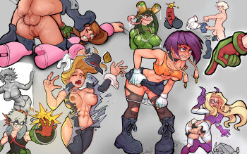 1boy 5girls anal ass asui_tsuyu audio_jack bakugou_katsuki black_boots blonde_hair bodysuit boku_no_hero_academia boots breasts commentary covered_erect_nipples english_commentary foot_on_another's_head green_bodysuit grey_hair highres jiro_kyoka large_breasts long_hair long_tongue markydaysaid mount_lady multicolored_hair multiple_girls multiple_views nipples open_mouth panties panty_pull penis pointing purple_hair pussy short_hair testicles tongue torn_clothes two-tone_hair underwear uraraka_ochako