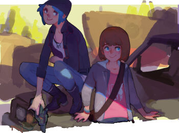 2girls beanie blue_eyes blue_hair brown_hair chloe_price fl_(l-fl) gun hat jacket jewelry junkyard life_is_strange_(series) life_is_strange_1 looking_at_another looking_away max_caulfield multiple_girls necklace open_clothes shirt short_hair smile weapon