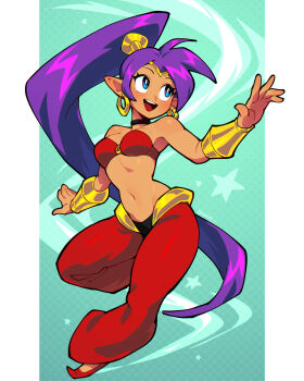 1girl aqua_background arabian_clothes bandeau belly_dancing big_hair blue_eyes border bracer breasts choker commentary dancer dark-skinned_female dark_skin earrings harem_pants highres hoop_earrings jewelry long_hair medium_breasts navel o-ring o-ring_top open_mouth pants pointy_ears pointy_shoes ponytail purple_hair qewie shantae shantae_(series) shoes solo star_(symbol) star_symbol_background tiara very_long_hair white_border