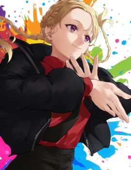 aki_rosenthal black_jacket black_necktie black_pants blonde_hair check_commentary collared_shirt commentary_request cowboy_shot dress_shirt fingernails forehead french_braided_twintails hair_slicked_back highres hololive hololive_grand_theft_auto jacket long_sleeves looking_ahead necktie paint_splatter pants parted_hair purple_eyes red_shirt rena_sakuma shirt splatter_background virtual_youtuber wiping_hands