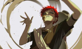 Rule 34 | 1boy, 9boksen, absurdres, blue eyes, element bending, fishnets, forehead tattoo, from below, gaara (naruto), geokinesis, gourd, highres, male focus, naruto (classic), naruto (series), no eyebrows, red hair, sand, short hair, simple background, solo, tattoo, upper body, white background