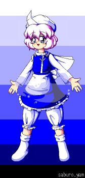 :d apron artist_name bloomers blue_eyes blue_vest bobby_socks frilled_skirt frills full_body grin hat letty_whiterock long_sleeves open_mouth pc-98_(style) purple_hair saburo_yam shirt short_hair skirt smile socks touhou underwear vest white_apron white_bloomers white_shirt white_socks