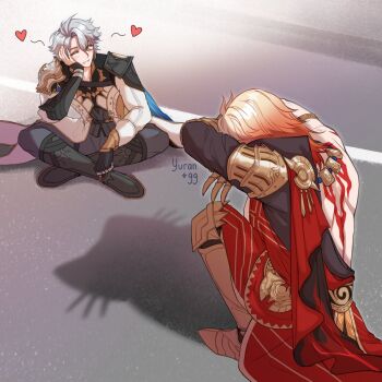 Rule 34 | 2boys, antenna hair, arm tattoo, armlet, armor, armored boots, back tattoo, black choker, black coat, black pants, black shirt, blonde hair, boots, braid, cat shadow puppet (meme), choker, clawed gauntlets, closed eyes, coat, commentary, earrings, english commentary, gold earrings, gold necklace, gradient hair, highres, honkai: star rail, honkai (series), jewelry, male focus, medium hair, meme, multicolored hair, multiple boys, mydei (honkai: star rail), neck tattoo, necklace, open clothes, open coat, pants, parted bangs, pauldrons, phainon (honkai: star rail), red hair, red tattoo, shirt, short hair, shoulder armor, side braid, single pauldron, sun symbol, sun tattoo, tan, tattoo, white coat, white hair, yaoi, yuran gg