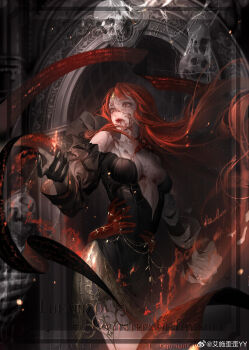 1girl absurdres black_dress blood blood_from_mouth blood_on_chest blood_on_face blood_on_neck breasts cleavage colored_extremities cowboy_shot dress eyelashes fingernails floating_hair frills highres long_hair looking_afar medium_breasts multiple_hands original red_eyes red_hair skull solo song_yang_yang standing very_long_hair watermark weibo_watermark