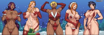 2025 5girls arisawa_tatsuki artist_name bare_shoulders bell bikini black_hair bleach blonde_hair blue_eyes breasts brown_eyes chain chain_necklace christmas christmas_present collarbone colored_eyelashes commentary covering_breasts covering_privates dark-skinned_female dark_skin elbow_gloves english_commentary equinox espada female_pubic_hair flexing fur_trim gift gloves green_eyes hair_ornament hairclip hand_on_own_hip hat inoue_orihime jewelry large_breasts long_hair long_image matsumoto_rangiku medium_hair mole mole_under_mouth multiple_girls navel necklace orange_hair outdoors parted_bangs pubic_hair purple_hair pussy red_gloves ribbon santa_bikini santa_costume santa_hat shihouin_yoruichi shiny_skin short_hair slingshot_swimsuit snow snowflake_hair_ornament snowing standing stomach swimsuit tier_harribel toned toned_female uncensored yellow_eyes
