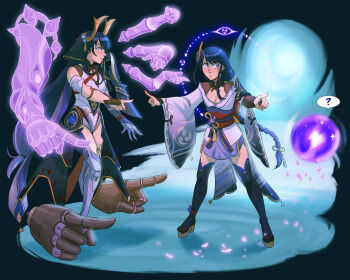 2girls ? android armor arms_up asymmetrical_sleeves blue_background blunt_bangs braid breasts bridal_gauntlets chalseu cleavage confused fake_horns floating full_body genshin_impact glowing glowing_weapon hair_ornament headpiece highres horns japanese_armor japanese_clothes joints kimono large_breasts lingerie long_braid long_hair makoto_(genshin_impact) mechanical_arms mechanical_hands meme mitsudomoe_(shape) multiple_girls official_alternate_costume orb pointing pointing_spider-man_(meme) purple_eyes purple_hair purple_kimono purple_thighhighs raiden_shogun raiden_shogun_(magatsu_mitake_narukami_no_mikoto) red_sash robot robot_joints sash shade shoulder_armor single_braid speech_bubble spoken_question_mark standing thighhighs thighs tomoe_(symbol) underwear uneven_sleeves weapon wide_sleeves