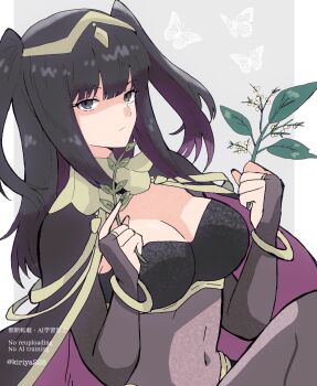 1girl black_bridal_gauntlets black_hair blunt_bangs bodystocking bracelet breasts bridal_gauntlets bug butterfly cape circlet cleavage closed_mouth covered_navel fire_emblem fire_emblem_awakening highres holding holding_plant insect jewelry kiriya_(552260) large_breasts leaf long_hair nintendo plant purple_eyes see-through_bridal_gauntlets solo tharja_(fire_emblem) tiara two-tone_cape two_side_up
