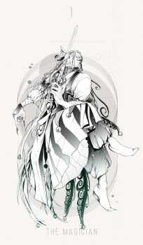 1boy absurdres ashiya_douman_(fate) bandaged_arm bandages bell collar colored_extremities earrings fate/grand_order fate_(series) fingernails full_body greyscale hadanugi_dousa hair_rings haishimafgo head_tilt highres holding holding_sword holding_weapon jester jewelry jingle_bell light_frown long_hair long_sleeves looking_at_viewer magatama magatama_earrings male_focus monochrome multicolored_hair open_kimono pointing pointing_down sharp_fingernails sidelocks sleeves_rolled_up solo striped_sleeves sword tarot the_magician_(tarot) two-tone_hair very_long_hair weapon wide_sleeves