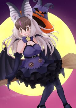 1girl absurdres animal_ears bare_shoulders bat_ears bat_girl bat_wings belt bow bowtie breasts broom broom_riding brown_eyes brown_hair brown_long-eared_bat_(kemono_friends) cleavage dress elbow_gloves extra_ears gloves grey_hair halloween halloween_costume happy_halloween hat highres kemono_friends kemono_friends_v_project large_breasts long_hair looking_at_viewer moon multicolored_hair oaug241 pantyhose purple_dress shoes simple_background skirt solo streaked_hair virtual_youtuber wings witch_hat
