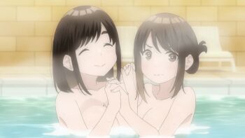 2021 20s 2girls animated animated_gif anime_screenshot bathhouse blush breasts brown_eyes brown_hair chair deck_chair douki-chan_(douki-chan) folding_chair ganbare_douki-chan highres holding_hands kouhai-chan_(douki-chan) large_breasts lipstick makeup medium_breasts medium_hair mole mole_on_breast multiple_girls ponytail shaking_head short_hair smile tagme upper_body water wavy_mouth