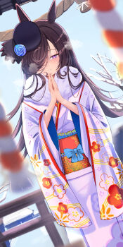 Rule 34 | 1girl, alternate costume, animal ears, blue flower, blue rose, flipped hair, floral print, flower, hair over one eye, highres, horse ears, horse girl, japanese clothes, kimono, long hair, own hands clasped, own hands together, praying, rice shower (umamusume), rope, rose, shimenawa, snow, solo, tilted headwear, torii, umamusume, yomean!