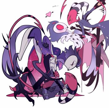 2boys arrow_through_heart ascot bad_id bad_pixiv_id black_footwear black_jacket black_pants blitzo_(helluva_boss) boots closed_mouth colored_sclera colored_skin demon_boy demon_tail face-to-face fang full_body furry furry_male heart hellaverse helluva_boss high_heel_boots high_heels horns jacket long_sleeves looking_at_another lying meremero multiple_boys multiple_views on_back pants pinned purple_jacket red_eyes red_sclera red_skin standing stolas_(helluva_boss) striped_horns tail talons tongue tongue_out white_ascot white_background white_pants wide-eyed yaoi yellow_sclera