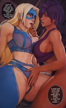 Rule 34 | 2girls, absurdres, armpit crease, asymmetrical docking, black hair, black panties, blonde blazer, blonde hair, blue bra, blue eyes, blue garter belt, blue garter straps, blue lingerie, blue mask, blue panties, blue thighhighs, bra, breast press, breasts, cowboy shot, crop top, dark-skinned female, dark skin, dispatch, eye contact, gem, hand on another's chin, hand on another's crotch, highres, imminent kiss, indoors, invisigal (dispatch), jewelry, lingerie, long hair, looking at another, multiple girls, navel, necklace, nicolasfrinzy, open mouth, panties, parted bangs, parted lips, red gemstone, red lips, see-through bra, see-through clothes, see-through panties, septum piercing, sideboob, sitting, spread legs, staring, straddling, thick thighs, thigh straddling, thighhighs, thighs, underwear, yellow eyes, yuri