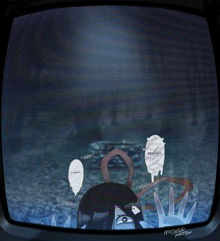 1girl absurdres black_eyes black_hair commentary cosplay english_commentary fingernails hair_over_one_eye heart heart-shaped_pupils highres long_hair looking_at_viewer mercy_modiste myth1carts paid_reward_available sharp_fingernails solo speech_bubble static symbol-shaped_pupils television the_ring vallure virtual_youtuber well yamamura_sadako yamamura_sadako_(cosplay)