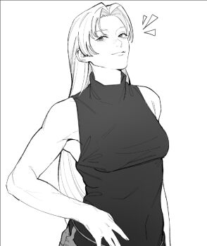 1girl belt black_shirt bludraws breasts commentary cropped_torso denim english_commentary grey_eyes hand_on_own_hip jeans jujutsu_kaisen long_hair looking_at_viewer medium_breasts monochrome pants shirt simple_background sleeveless sleeveless_turtleneck smile toned tsukumo_yuki_(jujutsu_kaisen) turtleneck turtleneck_shirt white_background white_hair