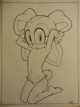 1girl animal_nose armpits arms_up artist_name barefoot bikini bikini_bottom_only border cream_the_rabbit feet female_focus flat_chest frilled_bikini frills furry furry_female gloves greyscale highres holding_ears johnston_blackhorse knees_together_feet_apart legs lineart loli long_animal_ears looking_at_viewer monochrome navel nipples rabbit_ears rabbit_girl rabbit_tail short_tail signature simple_background solo sonic_(series) stomach swimsuit tail thighs third-party_source topless_female traditional_media white_background