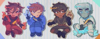 Rule 34 | 4boys, ;d, ;p, android, black gloves, black hair, blue dougi, blue eyes, blue outline, blue pants, bright pupils, brown dougi, brown eyes, brown hair, brown pants, closed mouth, cole (ninjago), commentary, cryokinesis, dark-skinned male, dark skin, dougi, electricity, electrokinesis, english commentary, fire, freckles, full body, geokinesis, gloves, hair between eyes, hand up, highres, jay (ninjago), kai (ninjago), knee up, knees up, legs together, lightning, looking at viewer, male focus, multiple boys, ninjago, one eye closed, open mouth, outline, pants, pikorulli, pyrokinesis, red dougi, red eyes, red outline, red pants, rock, scar, scar on face, scar on forehead, short hair, simple background, sitting, smile, striped background, the lego group, thick eyebrows, tongue, tongue out, vertical-striped background, white background, white dougi, white pants, white pupils, yellow outline, zane (ninjago)