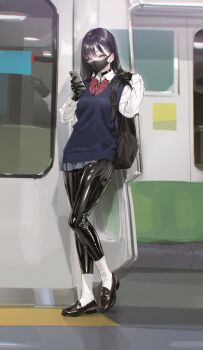 1girl absurdres backpack bag black_bodysuit black_eyes black_hair black_mask bodysuit breasts cellphone commentary ear_piercing earrings english_commentary full_body gloves grey_skirt highres holding holding_phone jewelry latex latex_bodysuit latex_gloves latex_legwear loafers long_hair mask medium_breasts mouth_mask original phone piercing red_ribbon ribbon school_uniform shiny_clothes shirt shoes skirt smartphone socks solo standing train_interior white_socks yd_(orange_maru)