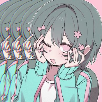 1girl aqua_jacket backpack bag bow commentary danchoo flower grey_bag grey_hair hair_bow hair_flower hair_ornament hands_on_own_cheeks hands_on_own_face highres iyowa_girls jacket kurari-chan_(iyowa) kyu-kurarin_(cevio) multiple_hair_bows one_eye_closed open_clothes open_jacket open_mouth outline pink_background pink_bow pink_eyes pink_flower shirt short_hair white_outline white_shirt