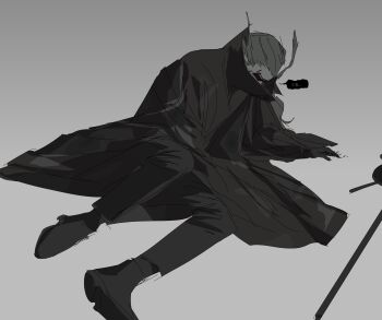 1boy black_pants black_shoes blonde_hair brown_cloak cloak colored_speech_bubble commentary covered_mouth facing_to_the_side ghetsis_(pokemon) goldgalchi grey_background hair_slicked_back hand_on_ground high_collar highres injury knocked_over korean_commentary looking_down lying male_focus muted_color nintendo on_ground on_side pants pokemon pokemon_bw2 scouter shoes speech_bubble staff translated