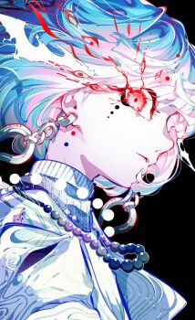 1girl black_background blue_shirt chain chain_earrings dots facial_tattoo highres jewelry looking_at_viewer necklace original pearl_necklace rakugaki_choo red_eyes shirt short_hair solo sparkling_eyes tattoo upper_body white_hair